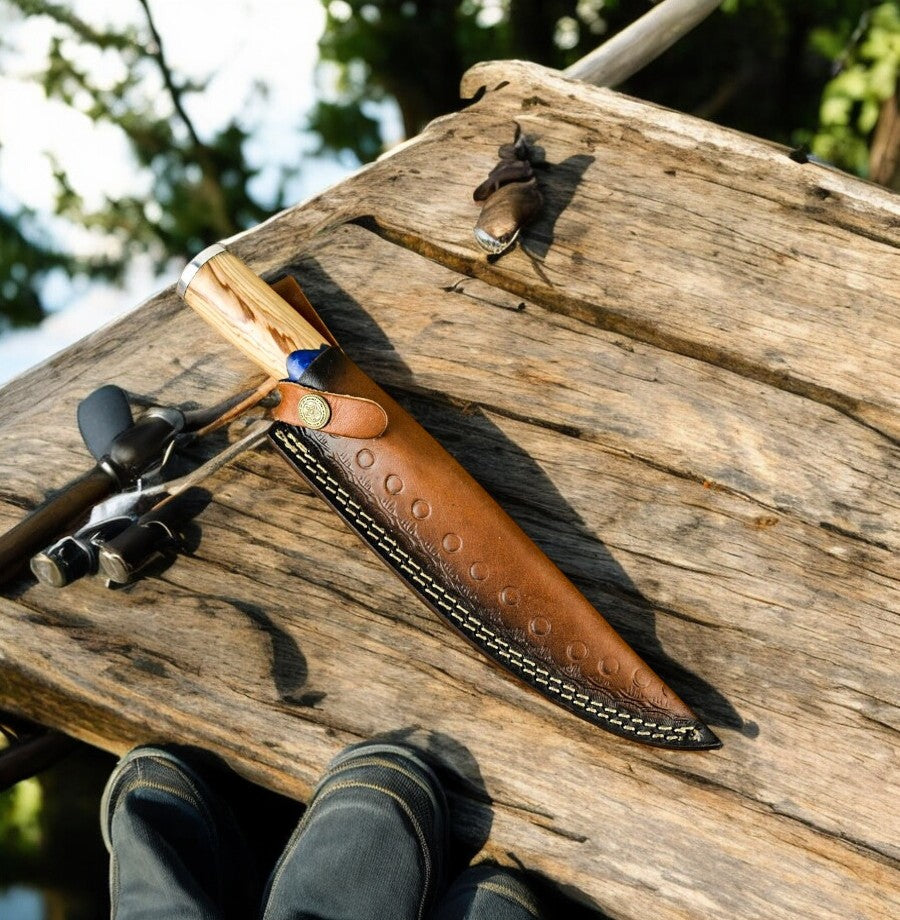 Personalized Fillet Knife with Damascus Blade in Leather Sheath
