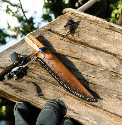 Personalized Fillet Knife with Damascus Blade in Leather Sheath
