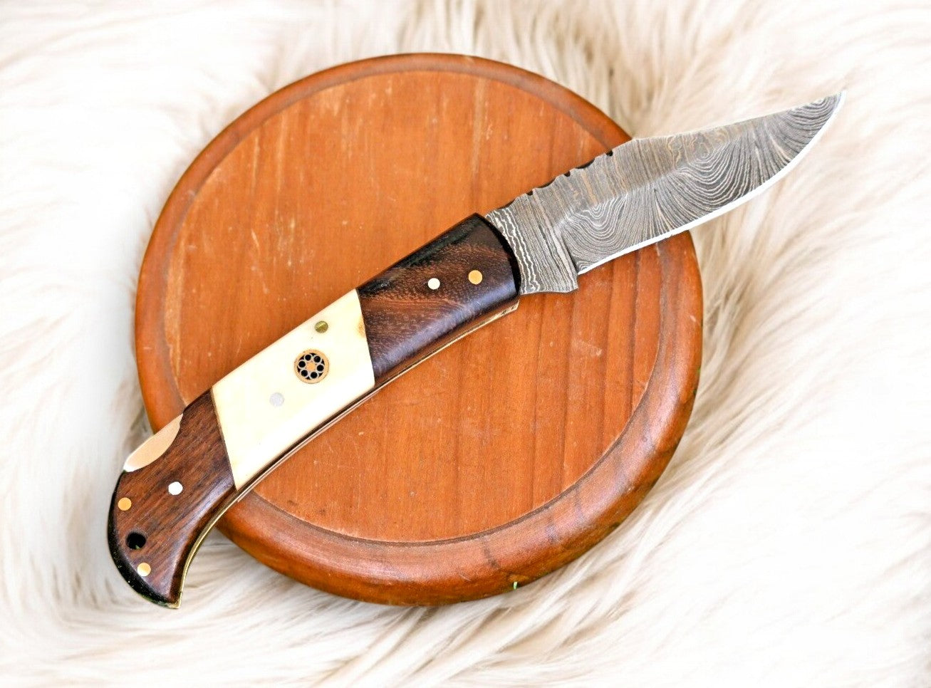 Custom Handmade Damascus Folding Knife with Rosewood and Bone Handle

