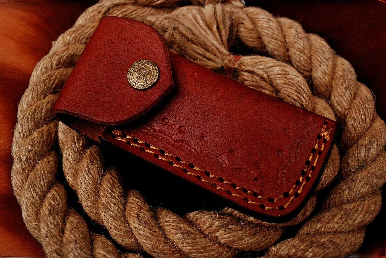 Damascus Steel Pocket Knife with Back Lock Mechanism and Leather Case
