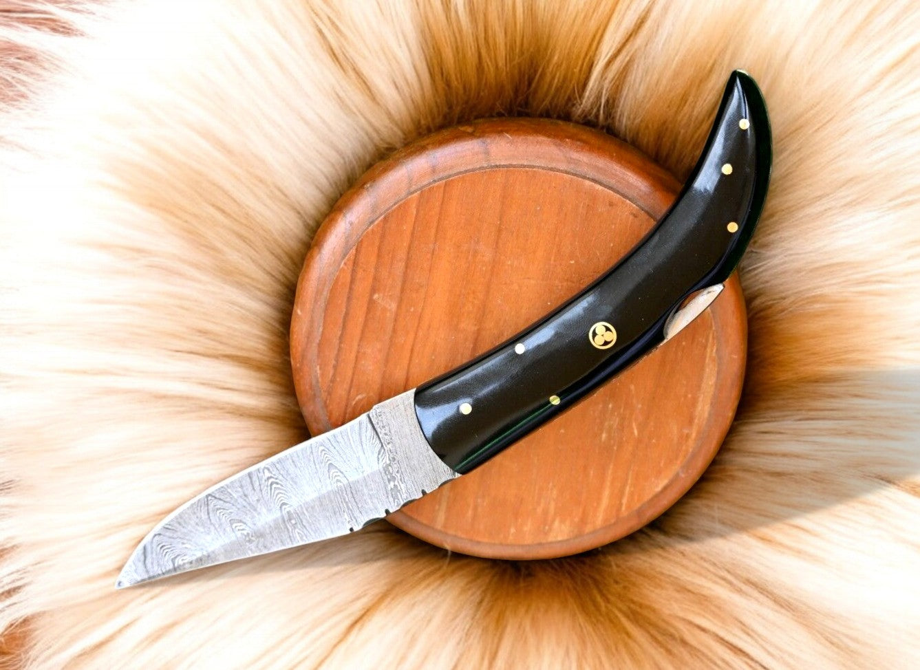 Handmade Black Pocket Knife with Leather Case
