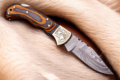 Classic Pocket Knife with Damascus Steel Blade and Exotic Wood Handle
