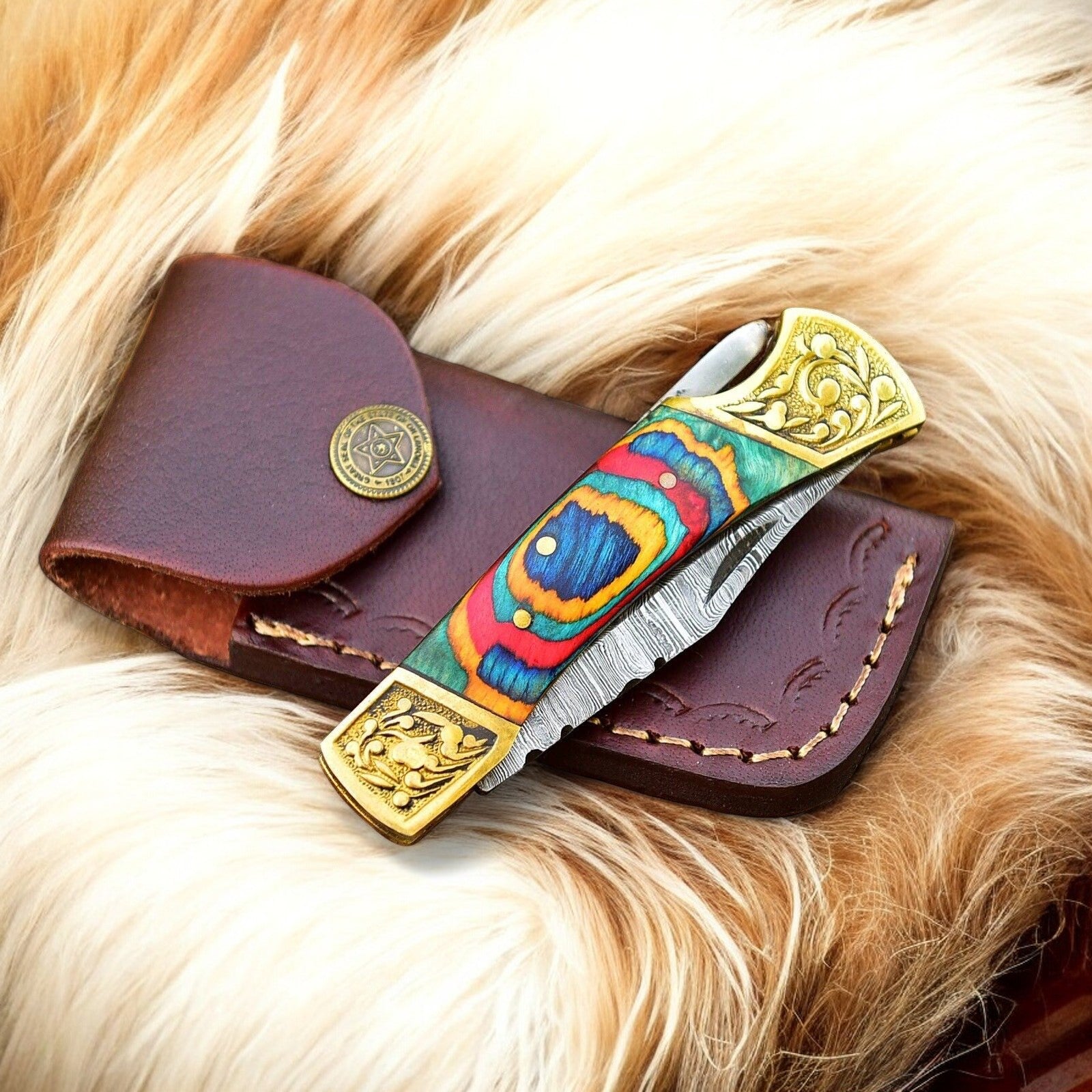 Detailed View of Exotic Wood Handle on Classic Pocket Knife
