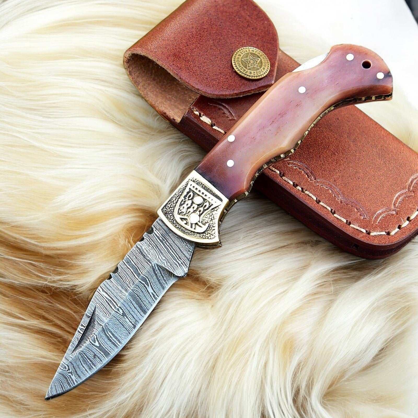 Color Bone Handle Slim Pocket Knife with Leather Case
