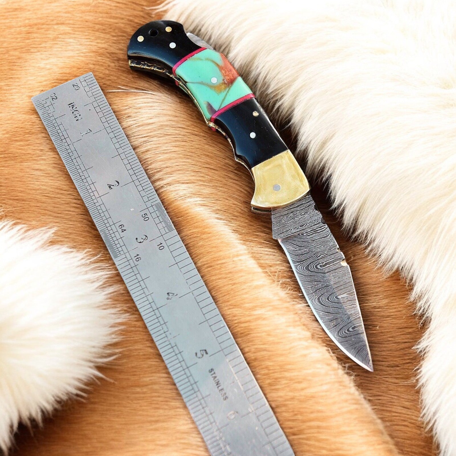 Damascus Steel EDC Pocket Knife with Brass Bolster and Leather Case
