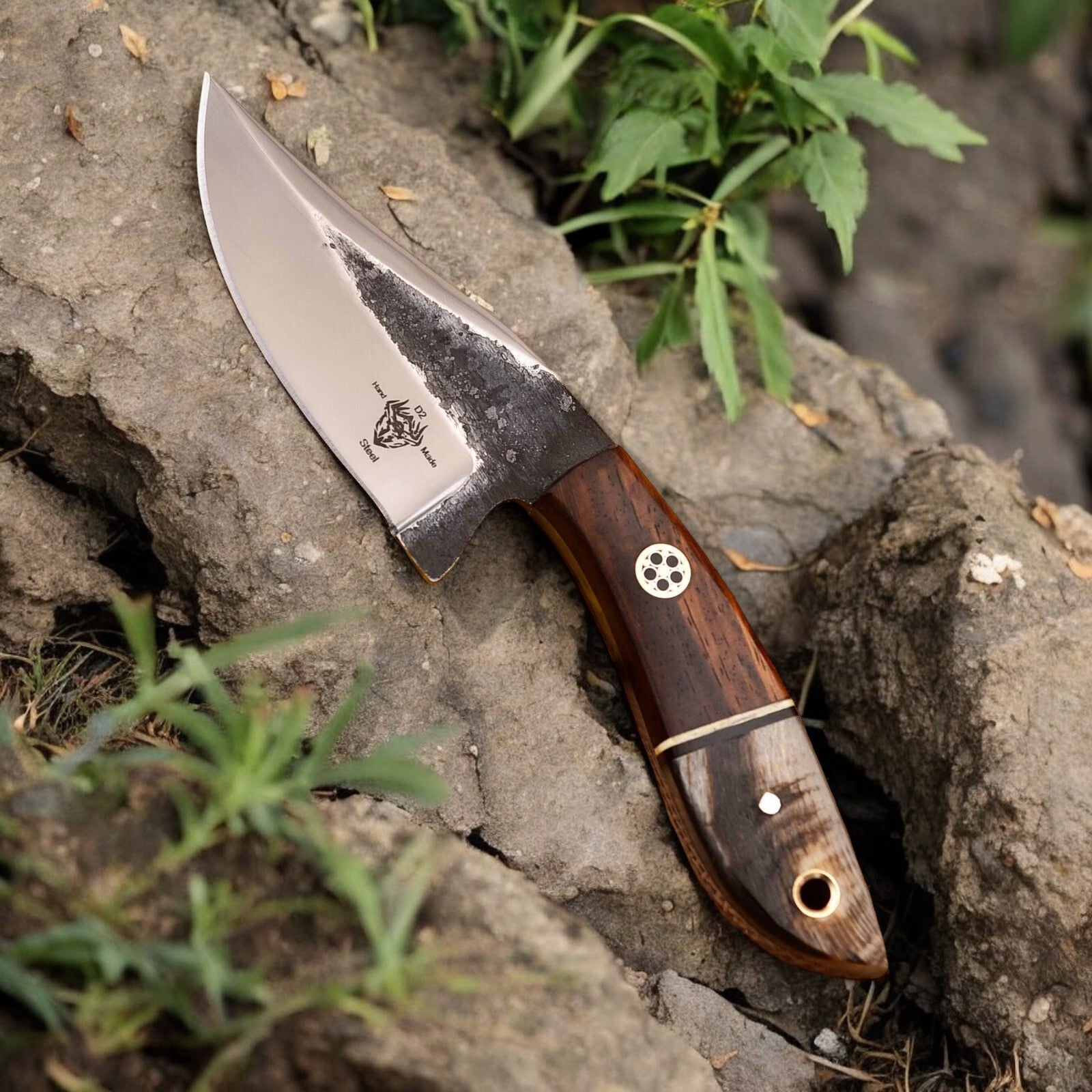 Full view of 8-inch top hunting knife with high carbon steel blade and sheep horn handle.
