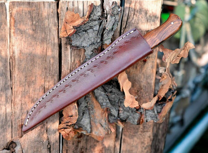 Damascus Steel Blade Fillet Knife with Protective Leather Sheath
