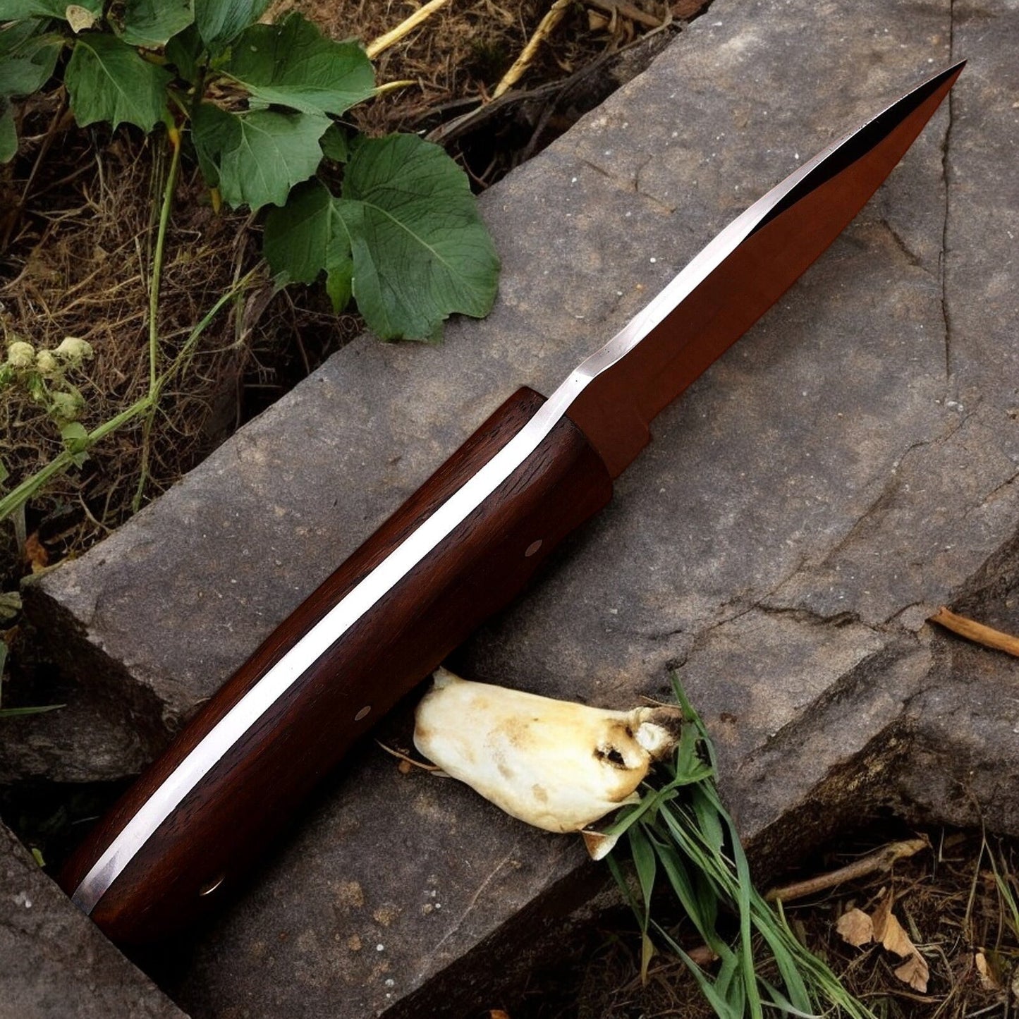 Full view of 8-inch handmade hunting knife with high carbon steel blade and rosewood handle.
