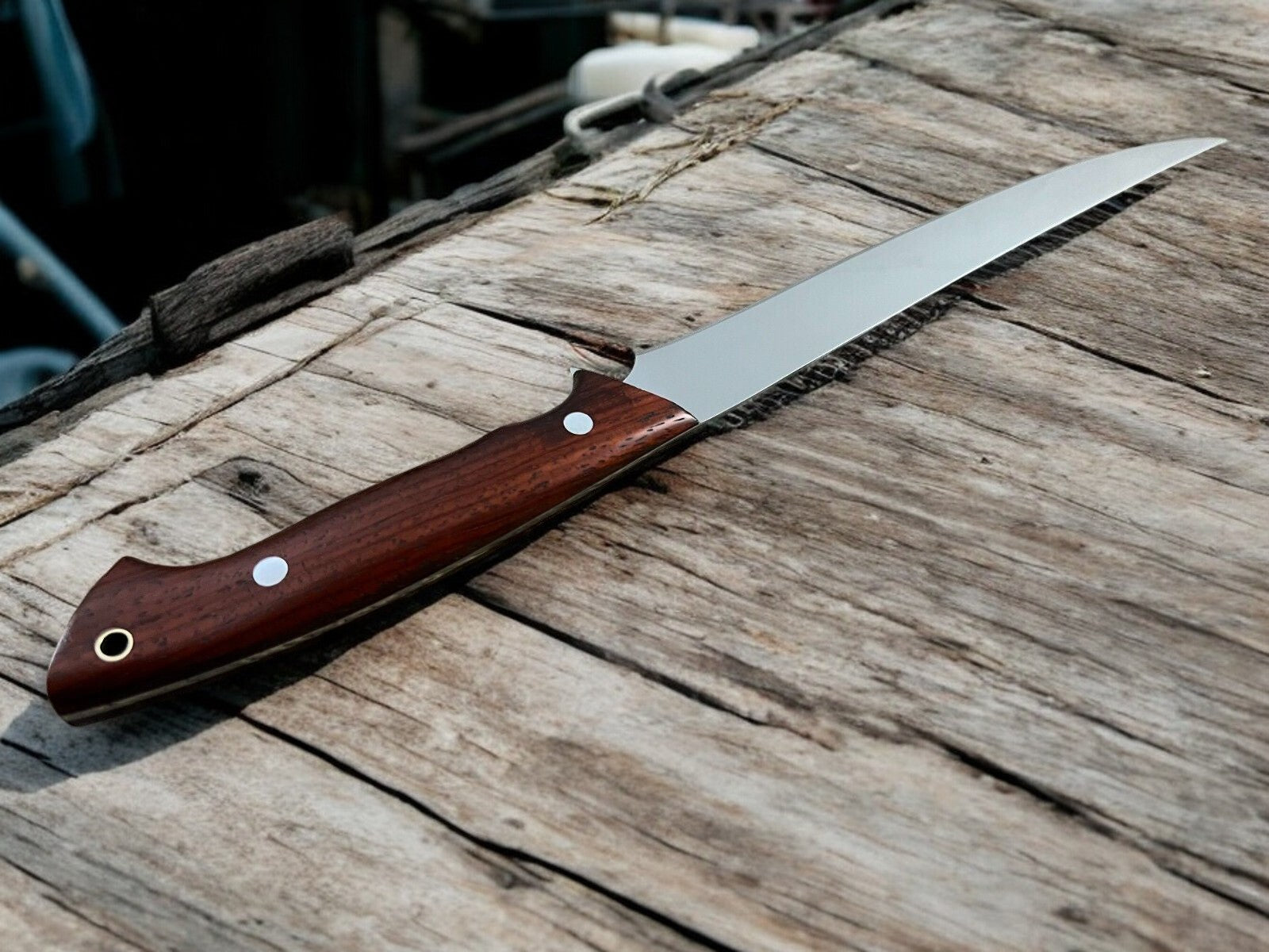 Custom Fillet Knife with Rosewood Handle and Leather Sheath
